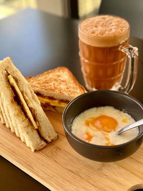 Kaya Toast Kopitiam Aesthetic, Kaya Toast, Bread Photography, Coffee Latte, Sandwiches, Toast, Butter, Bread, Drinks