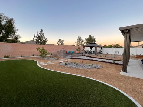 Fire Pit Gazebo, Desert Backyard, Pavers Backyard, Arizona Landscape, Drought Tolerant Landscape, Big Backyard, Backyard Remodel, So Cal, Artificial Turf