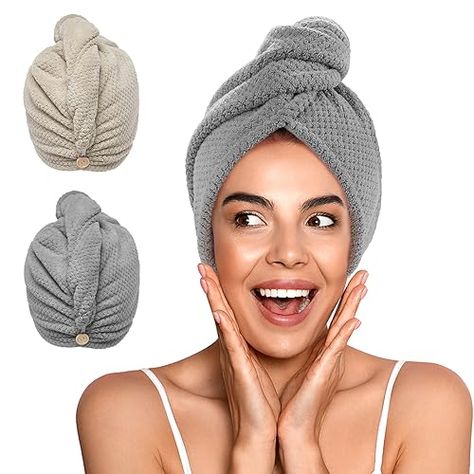 YFONG 2 Pack Microfiber Hair Towel Wrap for Women, Super Absorbent Quick Dry Hair Turban for All Hair Style Anti Frizz, Large Hair Drying Towel with Button Microfiber Hair Towel, Hair Drying Towel, Hair Towels, Hair Towel Wrap, Hair Drying, Hair Turban, Fast Hairstyles, Towel Wrap, Anti Frizz