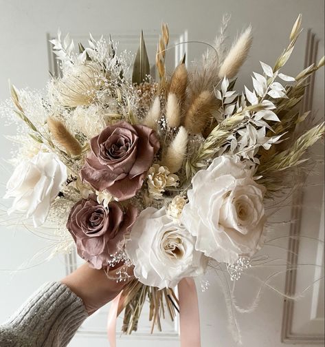 Wedding Bouquets With Bunny Tails, Bunny Tail Bouquet, White Ruscus, Dried Bridal Bouquet, Burgundy Wedding Flowers, Dried Arrangements, Rice Flower, Floral Bouquets Wedding, Rose Centerpieces