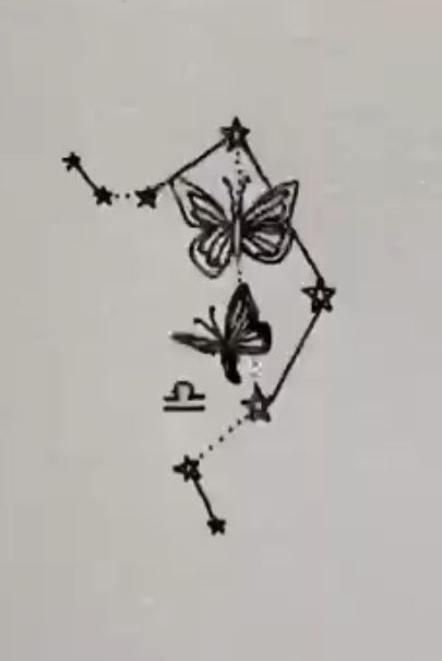 Butterfly Libra Tattoo, Libra Tattoo With Butterfly, Libra Tattoo Stars, Libra Tattoo Designs, Libra Sparkle Tattoo, Butterfly Constellation Tattoo, Bailey Drinkwater Tattoos, Small Tattoos Libra Sign, Libra Tattoo Ideas For Women