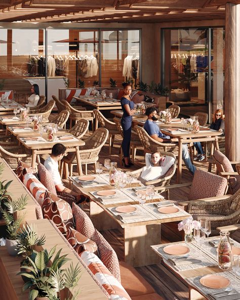 Sea Restaurant Design, Seaside Restaurant Architecture, Beach Terrace Restaurant, Pool Bar Ideas, Beach Restaurant Design, Wimbledon 2024, Restaurant With Sea View, Beachfront Restaurant, Pool Restaurant