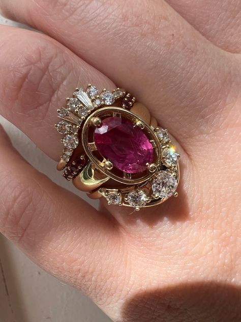 Unique Wedding Rings Ruby, White Gold Ruby Engagement Ring, Open Shank Ring, Vintage Stacked Wedding Rings, Ruby And Diamond Engagement Ring, Unique Wedding Stack, Vintage Ring Stack, Unique Wedding Ring Stack, Stacked Engagement And Wedding Rings