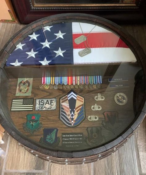 Whiskey / Wine Barrel Military & Law Enforcement Retirement Shadow Box - Etsy Shadowbox Ideas, Police Christmas, Custom Display Case, Shadow Box Ideas, Military Box, Military Shadow Box, Retirement Ideas, Military Retirement, Military Gift