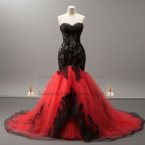 Black Red Wedding, Dress Robes, Mermaid Wedding, Red Wedding, Lace Applique, Black Lace, Bride Dress, Full Length, Prom