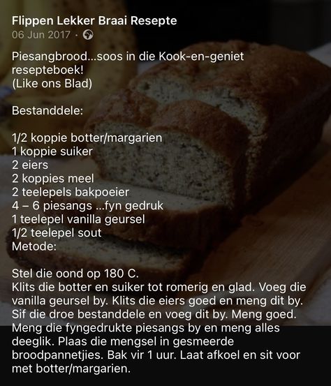 Piesangbrood Piesang Brood, Banana Bread Recipie, No Bake Nutella Cheesecake, Nutella Cheesecake, Recipes Sweet, South African Recipes, Fried Chicken Recipes, Bread Recipes Sweet, African Food