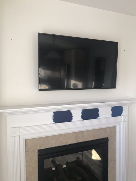 Oh Yes, I painted our fireplace blue! | Mitzi Beach Color Fireplace Painted, Navy Blue Fireplace Mantel, Dark Blue Fireplace Mantle, Painted Fireplace Surround Ideas, Blue Mantle Fireplace, Fireplace Colors Painted, Blue Fireplace Surround, Green Fireplace Mantle, Navy Fireplace Wall