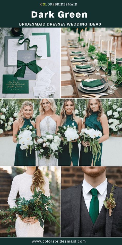 Dark green bridesmaid dresses long and short, custom-made 500+ styles, under 100, all sizes and 150+ color swatches, fast arrived. #colsbm #bridesmaids #weddings #weddingideas #darkgreenwedding b723 Dark Green Summer Wedding, Long Green Bridesmaid Dresses, Dark Green Bridesmaid Dresses, Dark Green Bridesmaid, Emerald Green Wedding Theme, Hunter Green Wedding, Wedding November, Dark Green Wedding, Green And White Wedding