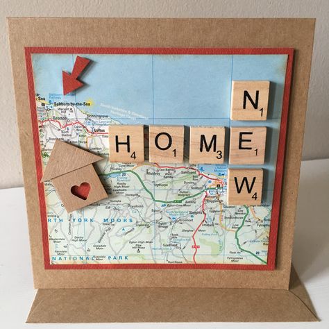 First Home Cards Handmade, Scrabble Cards Birthday, Cards For New Home, New Home Cards To Make, Cards New Home, Moving Cards For Friends, New Home Diy Card, Moving In Card, Scrabble Tile Cards