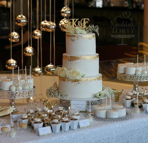 white and gold dessert table : Gold Cake Table, Glamour Cake, Gold Dessert Table, Gold And White Cake, Wedding Cake Dessert Table, Cake Display Table, Sweet Table Wedding, Cake Bar, Buffet Dessert