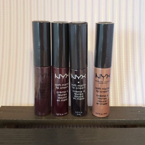 This Bundle Includes The Rare Vancouver Color, Along With The Vampy Transylvania And Copenhagen. New London As Well Because I Have Found Out I Have A Beeswax Allergy So I Must Sell. Soft Matte Creams Are Amazing In Photos But Do Not Dry Completely Like Regular Liquid Matte Lips. Its More Of A Soft Mousse And A Little Goes A Long Way. Nyx Lip Cream, Makeup Shopping List, Nyx Soft Matte Lip Cream, Nyx Soft Matte, Soft Matte Lip Cream, Swag Makeup, Makeup Rooms, Matte Lip Cream, Edgy Makeup