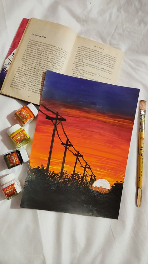 Acrylic Painting, Painting, power lines painting, sunset scenery, sunset painting Painting With Acrylic Colours, Easy Acrylic Painting, Hippie Painting, Acrylic Colours, Simple Acrylic Paintings, Painting Painting, Sunset Painting, Painting Art Projects, Acrylic Colors