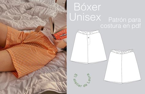 This is a digital article in pdf. The patterns are ready for immediate download. Digital pattern of wide unisex boxer-style pants with elastic waistband and boxer-style closure with button. No side seams. The sizes of this pattern are drawn from 34 to 46. The technical sheet comes in both Spanish and English and the video tutorial is subtitled. -------------------------- HOW DOES IT WORK -------------------------- 1. Buy the pattern 2. You will receive an email from Etsy with a link to your down Boxer Sewing Pattern, Boxer Pattern, Boxer Shorts Pattern, Fashion Design Template, Spanish And English, Kawaii Diy, Printable Sewing Patterns, Cute Sewing Projects, How To Make Clothes