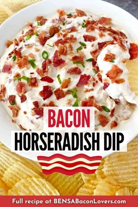 Creamy Bacon Horseradish Dip has just the right amount of spicy flavor to make your party guests happy. So good with chips, veggies, or crackers, this savory dip is perfect for game day, Super Bowl party food, holidays, potlucks and snacking. Bacon Horseradish Dip Recipe, Bacon Dip Recipes, Horseradish Dip, Dip Party, Savory Bacon, Dips Recipes, Bacon Dip, Easy Bacon, Best Bacon