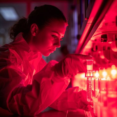 Scientific Research Intensity: A diligent researcher concentrates on her experiment in a lab aglow with vibrant red light. #science #laboratory #research #red #female #scientist #experiment #focus #aiart #aiphoto #stockcake https://ayr.app/l/DQjg Research Aesthetic, Scientist Aesthetic, Lab Photography, Science Photography, Female Scientist, Light Science, Red Lab, Science Laboratory, Scientific Experiment