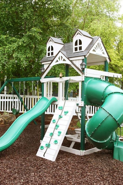 Swing set with slide in white for backyard Paint Playground Set, Painted Playset, Kids Playset Outdoor, Swing Set Diy, Playground Landscaping, Backyard Playset, Diy Swing, Rubber Mulch, Backyard Trampoline