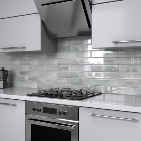 Chip Size: 3" x 12" Material: Glass Actual Size: 3" x 12" Thickness: 8mm Color: Gray, White Grey And White Kitchen, Glass Subway Tile Backsplash, Backsplash For White Cabinets, White Kitchen Ideas, Gray And White Kitchen, White Kitchen Remodeling, Kitchen Backsplash Designs, Glass Tile Backsplash, Diy Kitchen Renovation