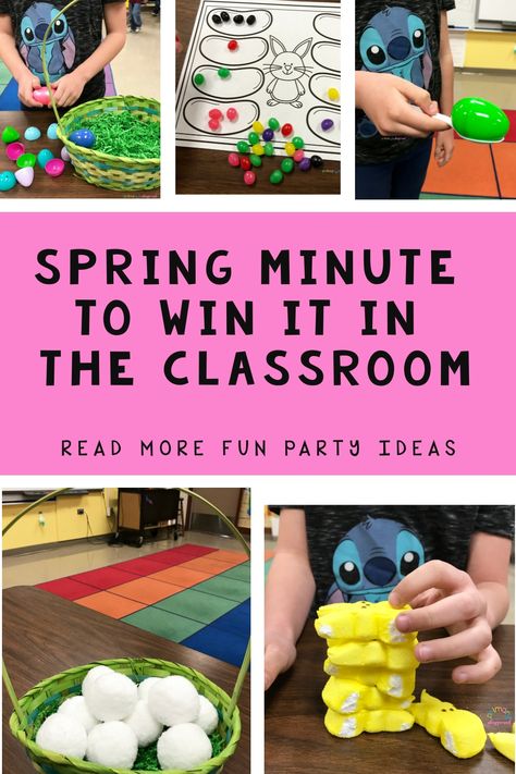 We love playing Spring Minute To Win It In The Classroom. Here are 5 of our favorite Spring Minute to Win It games including free printable for you!  #springminutetowinit #kindergarten #primarygrades Spring Minute To Win It Games For Kids, Spring Minute To Win It Games, Spring Party Games, Class Party Activities, Classroom Holiday Party, Classroom Party Games, Spring Kindergarten, Spring Games, Minute To Win