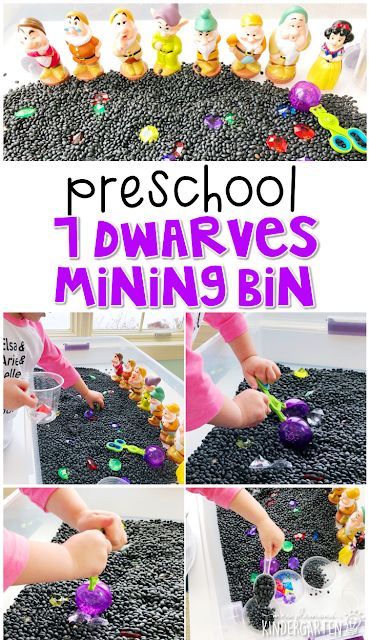 7 Dwarves Mining Bin (Sensory Table) Preschool Fairy Tales, Fairy Tales Preschool Activities, Fairy Tales Kindergarten, Fairytale Lessons, Disney Lessons, Fairy Tales Preschool, Fairy Tale Activities, Fairy Tales Unit, Daycare Themes