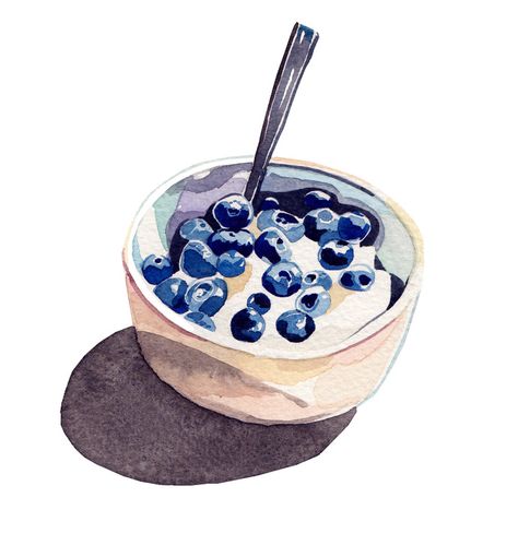 Best Illustration Blueberries Yogurt Watercolor images on Designspiration Holly Exley, Blueberry Bowl, Watercolor Food Illustration, 귀여운 음식 그림, Food Sketch, Watercolor Food, Food Painting, Fruit Illustration, Seni Cat Air