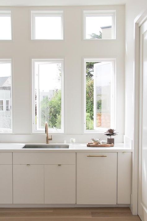 White Flat Front Cabinets with Gold Hardware, Transitional, Kitchen White Kitchen Windows, Charleston Houses, Guest Kitchen, Contemporary Door Design, Vertical Windows, Flat Front Cabinets, Living Colors, White Molding, Lovely Kitchen