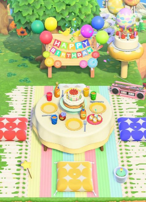 Acnh Birthday Designs, Acnh Island Designs Kidcore, Animal Crossing Build Ideas Kidcore, Acnh Party Ideas, Kidcore Animal Crossing Codes Clothes, Kidcore Animal Crossing Ideas, Kidcore Animal Crossing Island, Acnh Colorful Island, Animal Crossing Amusement Park Ideas