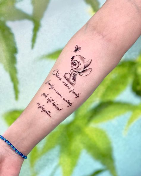 Ohana Means Family Tattoo, Stitch Ohana Tattoo, Ohana Stitch Tattoo, Ohana Tattoos, Ohana Tattoo Ideas, Top Forearm Tattoos, Disney Stitch Tattoo, Ohana Tattoo, Tattoo Baby