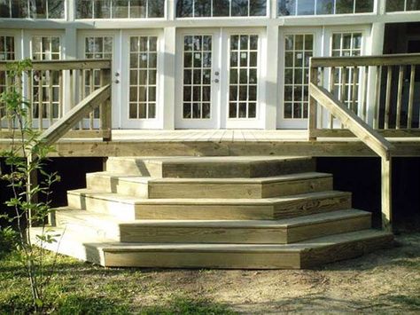 wrap around stairs for deck | deck stairs | , with a wrap-around angled edge, Wedding Cake Steps ... Potato Box, Landscaping Around Deck, Yard Oasis, Screen Porches, Porch Stairs, Front Porch Steps, Colored Concrete, Iron Stair Railing, Deck Steps