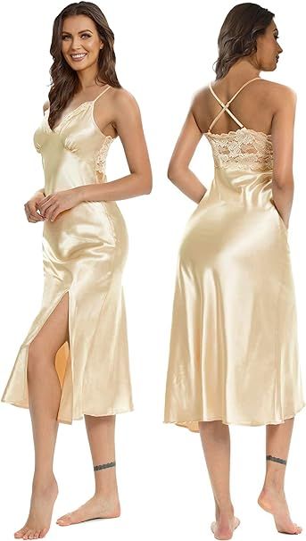 Champagne Alcea Rosea, Wedding Nightgown, Bridal Nightwear, Satin Nightie, Satin Nightwear, Satin Nightgown, Satin Fashion, Lace Chemise, Silk Satin Dress