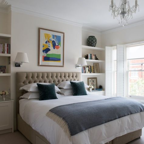 Neutral bedroom with bright art work Chimney Breast Shelving, Small Bedroom Storage Ideas, Bedroom Chimney Breast, Victorian Family Home, Bedroom Storage Ideas, Small Guest Rooms, Victoria House, Small Bedroom Storage, Victorian Terrace House