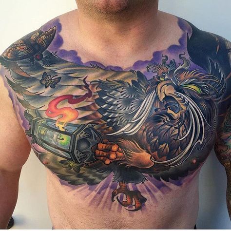 Owl chest piece by Chad Whitson at Bearcat Tattoo Gallery Colour Chest Tattoo, Traditional Chest Piece, Owl Chest Piece, Chest Piece Tattoo, Galaxy Tattoo Sleeve, Bodysuit Tattoos, Full Chest Tattoos, Traditional Chest, Hannya Mask Tattoo