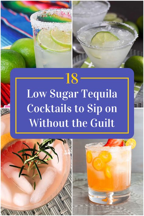 Collage of 4 low sugar tequila cocktails. No Sugar Cocktails, Light Tequila Cocktails, Low Carb Tequila Drinks, Low Cal Tequila Drinks, Tequila Cocktails Low Calorie, Healthy Tequila Cocktails, Low Sugar Summer Cocktails, Keto Tequila Drinks, Healthy Tequila Drinks