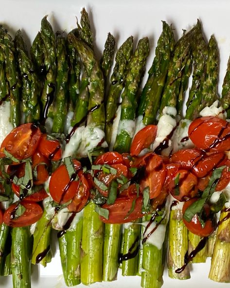 Caprese Asparagus Caprese Asparagus Recipes, Caprese Roasted Asparagus, Caprese Asparagus, Asparagus And Tomatoes, Asparagus Balsamic, Tomato Mozzarella Basil, Asparagus Dishes, Fruit Soup, Custard Pudding