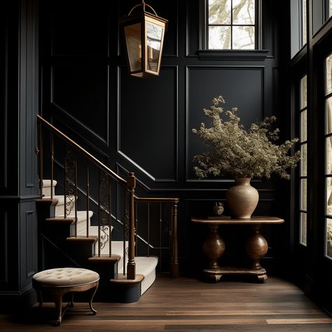 Dark Wood Entryway, Dark Wood Hallway, Small Stairway Entryway Ideas, Trim House Interior, Dark And Moody Hallway, Dark Moody Entryway, Dramatic Entryway Foyers, Moody Foyer Ideas Entryway, Entryway Ideas Dark