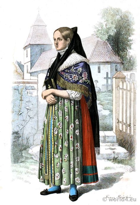 Girl in folk dress from Denkte, Lower Saxony Germany. Sheets for costume design: historical and folk costumes by Franz Lipperheide. German Traditional Dress, Peasant Costume, European Costumes, German Costume, Winter Costume, Costumes Around The World, German Dress, Lower Saxony, Folk Dress