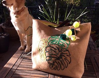 Summer tote bag Shoppers tote bag hand embroidered handmade | Etsy Shoppers Bag, Jute Bags Design, Canvas Bag Design, Jute Tote Bags, Summer Tote Bags, Painted Bags, Jute Bag, Embroidery Bags, Monstera Leaves