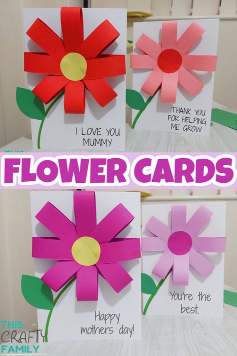 these adorable handmade flowers cards are so simple to make and all you need are basic crafting materials! this cute card is great for mothers day, valentines day, birthdays, fathers day, teacher thank yous and more! Easy Card For Mothers Day, Mother's Day Card Ideas For Kids, Mothers Day Crafts For Kids Easy, Easy Card For Teacher, Nana Birthday Card Diy For Kids, Mothers Day Cards Handmade Easy, Simple Mothers Day Cards For Kids, Mothers Day Cards Preschool, Mother’s Day Card Easy