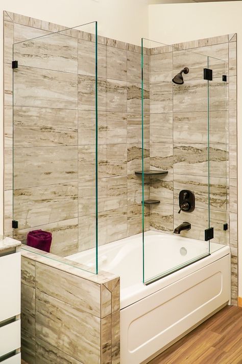 Glass Tub Enclosure, Half Bath Renovation, Corner Tub Shower, Glass Shower Tub, Tub With Glass Door, Frameless Glass Shower Doors, Bathtub Enclosures, Tub Surrounds, Bungalow Bathroom