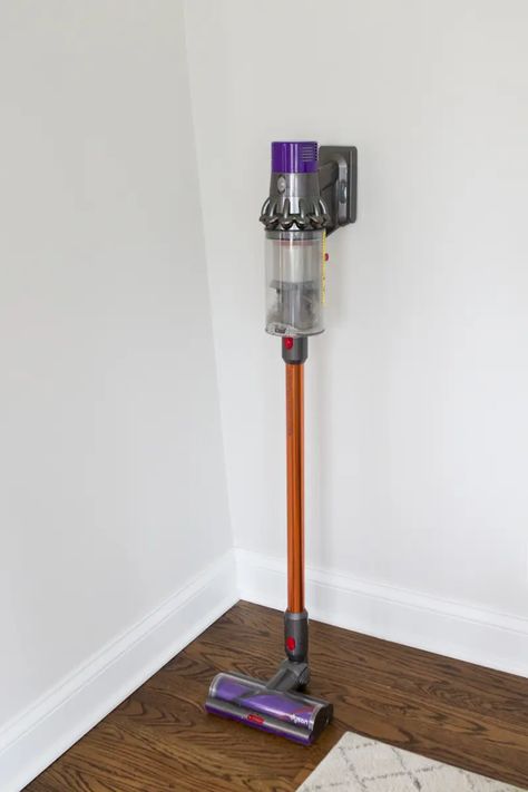 How to Mount a Dyson Vacuum in your Closet | The DIY Playbook Dyson Vacuum Storage, Dyson Vacuum Storage Ideas, Vacuum Storage Ideas, Dyson Cordless, Roomba Vacuum, Front Closet, Dyson Vacuum Cleaner, Diy Playbook, Performance Marketing