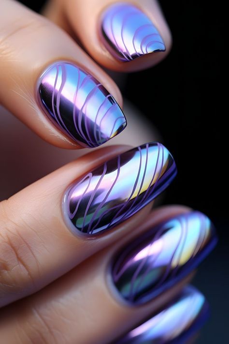 Nail Designs Holographic, Hibiscus Flower Nail Art, Rainbow Chrome Nails, Blue Winter Nail Designs, Hibiscus Flower Nail, Dark Holographic, Gel Chrome Nails, Chrome Nail Designs, Ombre Chrome Nails