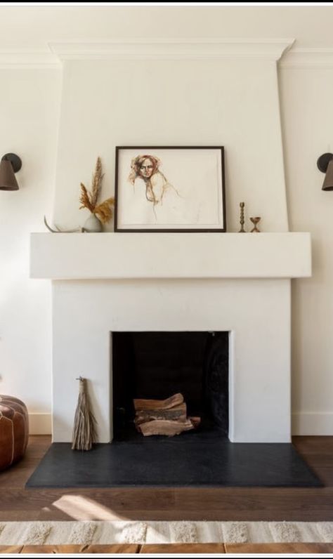 Spanish House Fireplace, Stucco Gas Fireplace, Fireplace Makeover Plaster, Plaster Fireplace With Hearth, Floating Hearth Fireplace, Danish Fireplace, Plaster Fireplace With Wood Mantel, Fake Mantle Ideas, Organic Fireplace