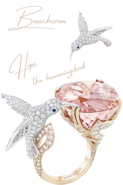 Boucheron Hopi, the hummingbird morganite, diamonds & sapphires ring #brilliantluxury Animal Jewelry Design, Birds Jewelry, Boucheron Jewelry, Gem Rings, Paris Jewelry, Jewelry Bracelets Gold, Fancy Earrings, Art Nouveau Jewelry, Bird Jewelry