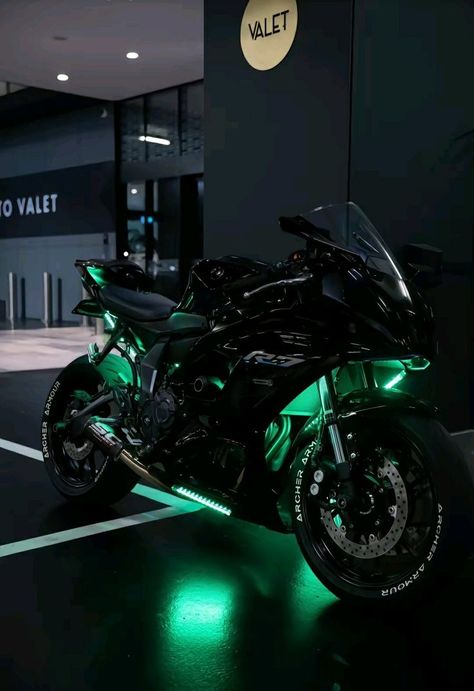 Green Motorcycle Aesthetic, Dark Green Motorcycle, Pretty Bikes, Motorcycle Green, Neon Led Lights, Green Motorcycle, Motocross Love, Green Bike, Image Moto