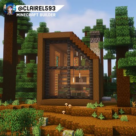 Dark Oak Modern Cabin Doing a series with the different wood colors... Modern Oak House Minecraft, Dark Oak Minecraft House Aesthetic, Minecraft Dark Wood House, Minecraft Modern Cabin, Minecraft House Dark Oak, Dark Oak House Minecraft, Dark Oak Minecraft House, Different Wood Colors, Minecraft Treehouses