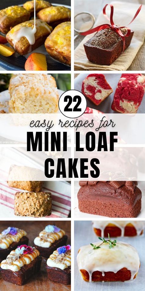 22 Sweet Mini Loaf Pan Cake Recipes and 8 photos of different mini loaf cakes including pina colada cake, red velvet cake, mini gingerbread loaf cake, peach cake, chocoalte cake, orange loaf cake, oatmeal mini loaf pan cake, humming bird mini cake How To Package Loaf Cakes, Best Mini Loaf Recipes, Mini Loaf Recipes Easy, Easy Mini Loaf Cakes, Poundcake Loaf Packaging, Mini Coffee Cake Loaf, Mini Cake Squares, Birthday Cake Loaf, Mini Loafs For Christmas