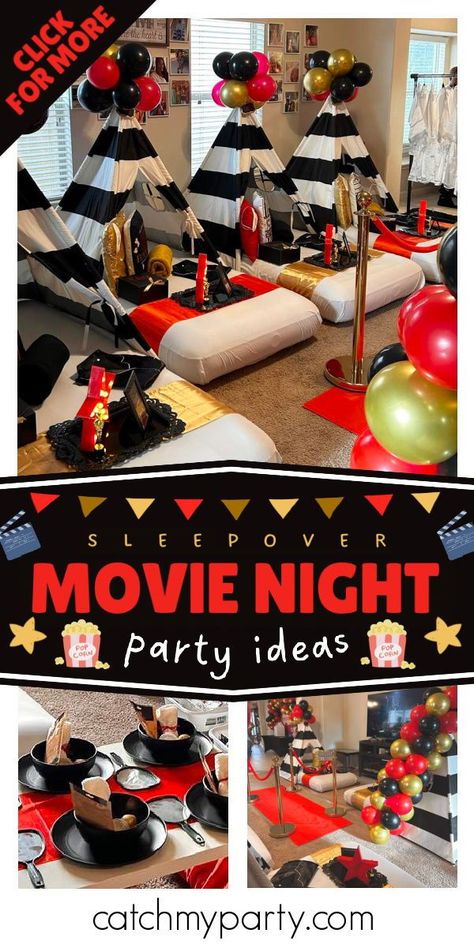 Slumber Party Movie Night, Movie Night Slumber Party Ideas, Movie Theme Sleepover Ideas, Sweet 16 Movie Party Ideas, Inside Movie Night Ideas, Movie Night Sleepover Party, Movie Sleepover Ideas, Girls Movie Night Ideas, Spa Slumber Party Ideas