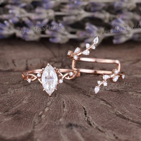 3 Ring Wedding Set Gold, Unique Wedding Band For Pear Shape, Marquee Wedding Ring Sets, Three Piece Wedding Rings Set, Wedding Rings Engagement Stack, Interlocking Rings Engagement, Interlocking Engagement And Wedding Ring, Unique Engagement Rings Stacked, Boho Wedding Ring Set