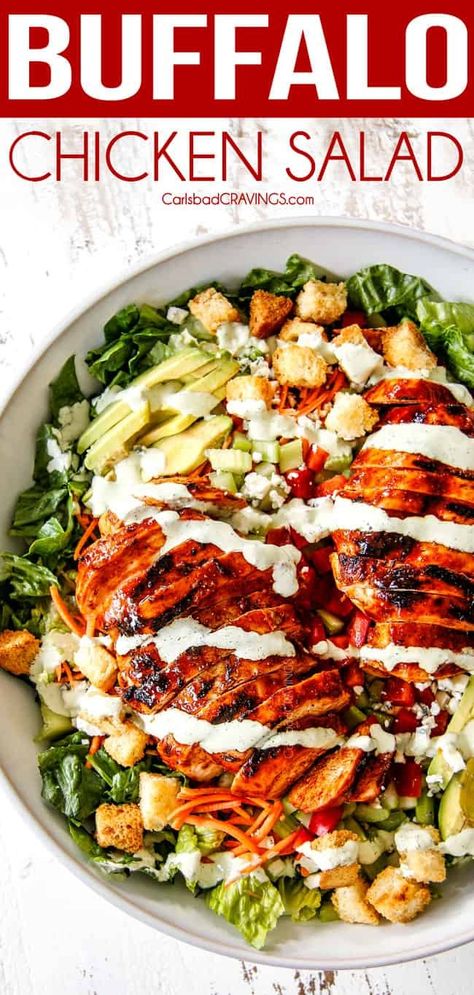 Buffalo Chicken Salad (+ Blue Cheese Dressing!) - Carlsbad Cravings Chicken Blue Cheese, Cilantro Ranch, Salad With Blue Cheese, Buffalo Chicken Salad, Carlsbad Cravings, Red Bell Peppers, Salad Recipes Video, Blue Cheese Dressing, Green Veggies