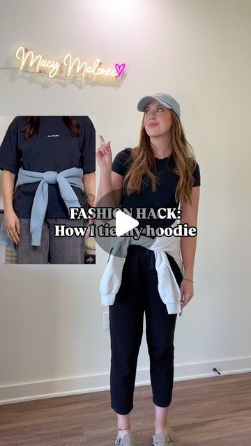 Macy McCoy | Tall fashion + Elevated casual outfits on Instagram: "the only way to properly tie your hoodie around your waist😘

#stylehacks #stylehack #fashionhacks #waystowear #stylehack #fallfashiontrends 

Are you going to try this hack?" Shirt Around Waist Outfit, Mending Hacks, Shirt Around Waist, Waist Outfit, Clothes Hacks, Play Clothes, Jewelry Styling, Best Casual Outfits, Elevated Casual