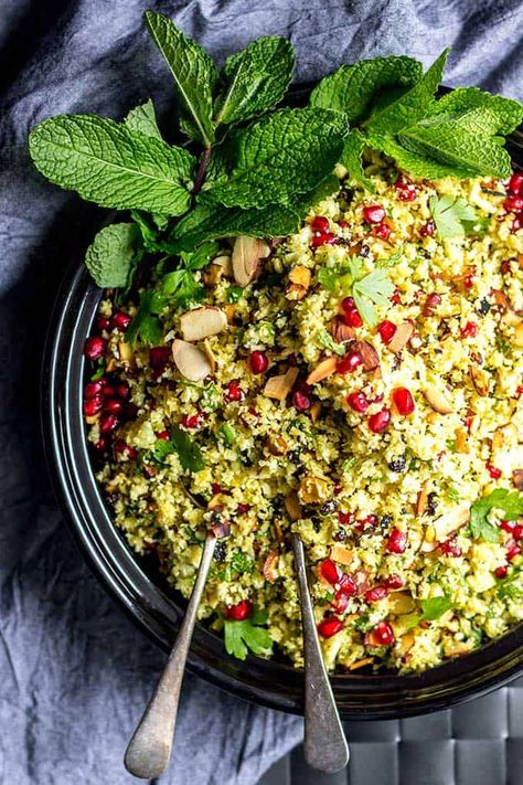 Jeweled Persian Cauliflower ‘Couscous’ & Pomegranate Salad Persian Cauliflower, Persian Spices, Epic Salads, Persian Salad, Cauliflower Couscous, Cauliflowers, Paleo Foods, Pomegranate Salad, Almost Christmas